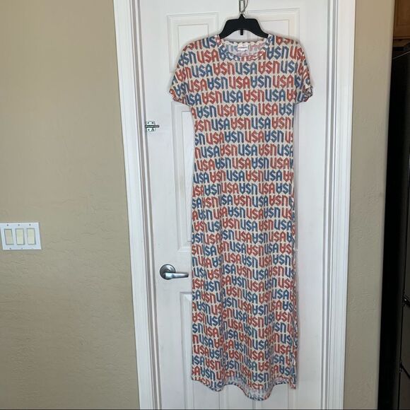 LULAROE CARLY AMERICANA Dress XXS USA Red White Blue America 4th of July Olympic - Picture 1 of 9